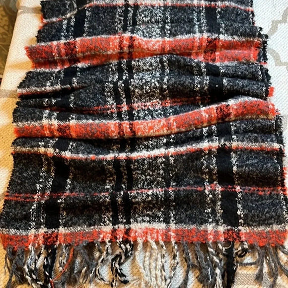 Red/Gray/Black Plaid super soft long oversized blanket scarf fringe trim - Picture 10 of 15